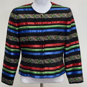 Maggy London Women's Jacket Blazer 12 Petite Red Green Blue Black Gold Striped
